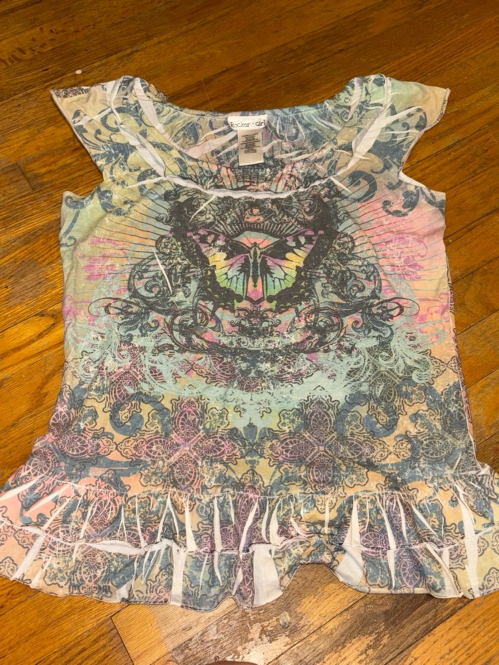 Rock & Roll Girl Pastel Butterfly Ruffle Hem Blouse